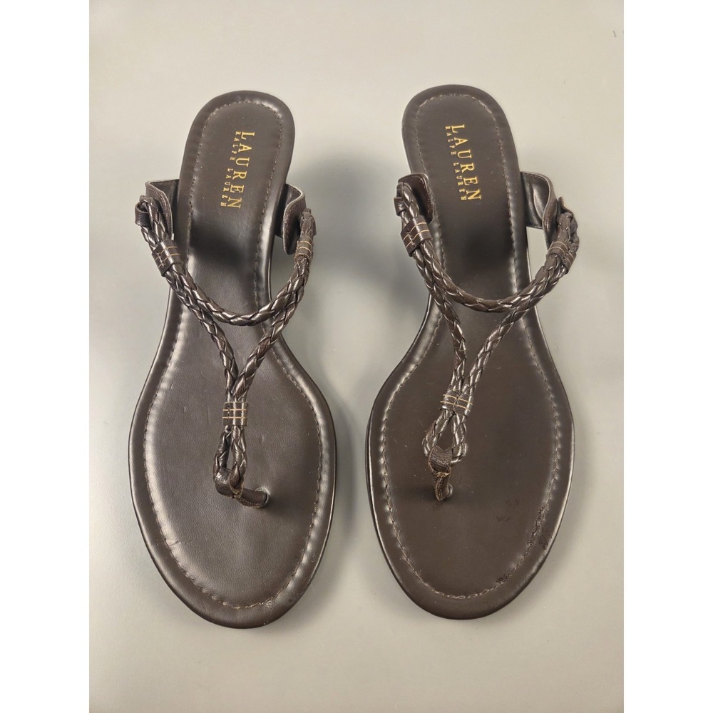 Ralph Lauren Sz 10B Brown Braided Leather T Strap Thong Sandals 2" Wedge No Box